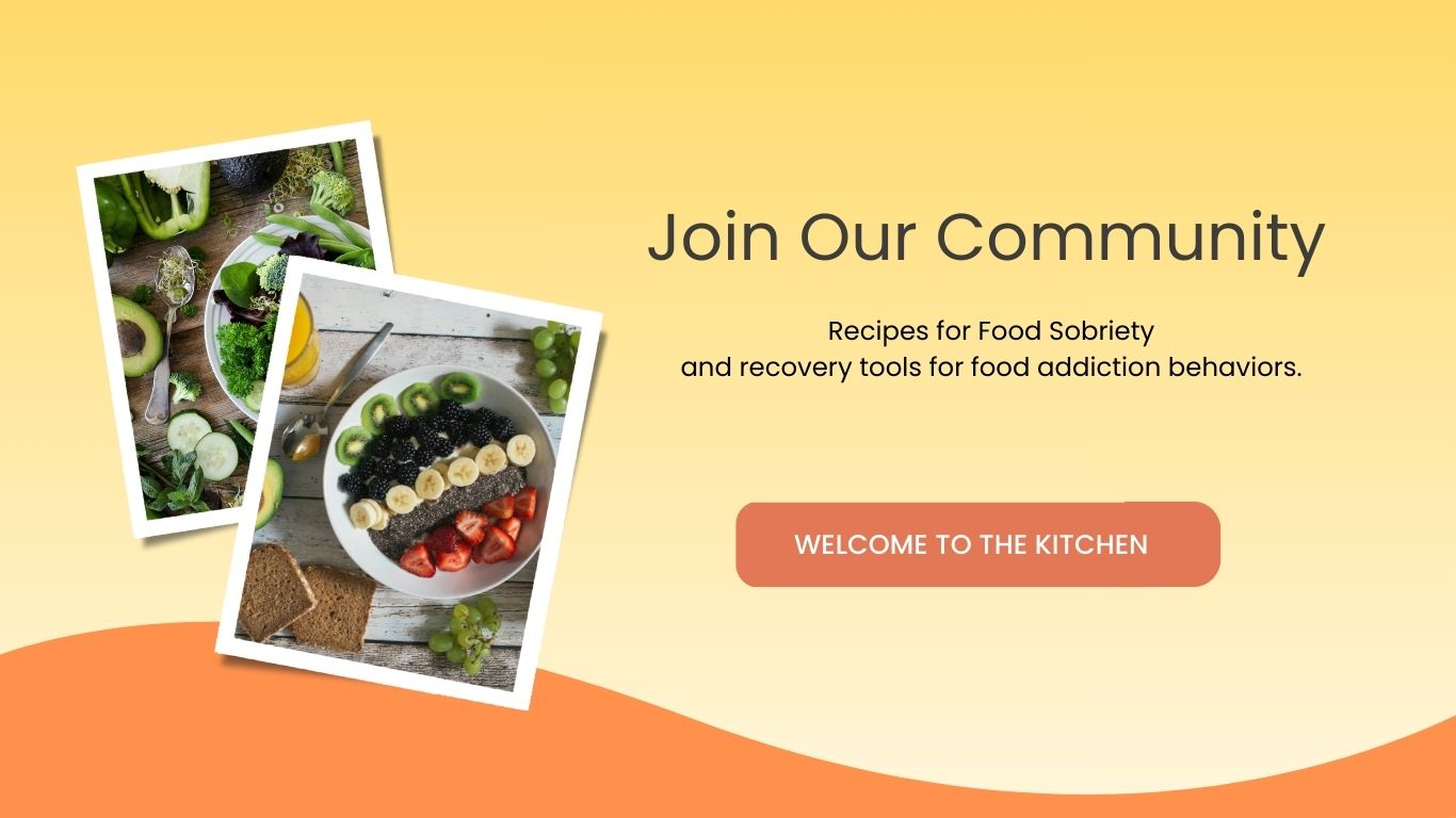 A vibrant graphic featuring two images of healthy food: one with fresh greens and avocados, and the other showcasing a bowl of fruits including strawberries, bananas, and kiwi, along with slices of whole grain bread. The background is gradient orange and yellow with promotional text inviting users to join a community for food sobriety.